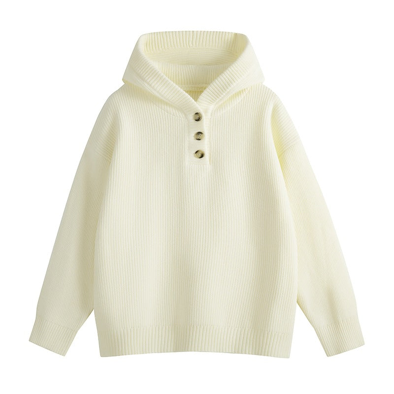 Damen Relaxed Kapuzenpullover aus geripptem Strick mit Halbsteg-Knopfleiste Echoarchiv