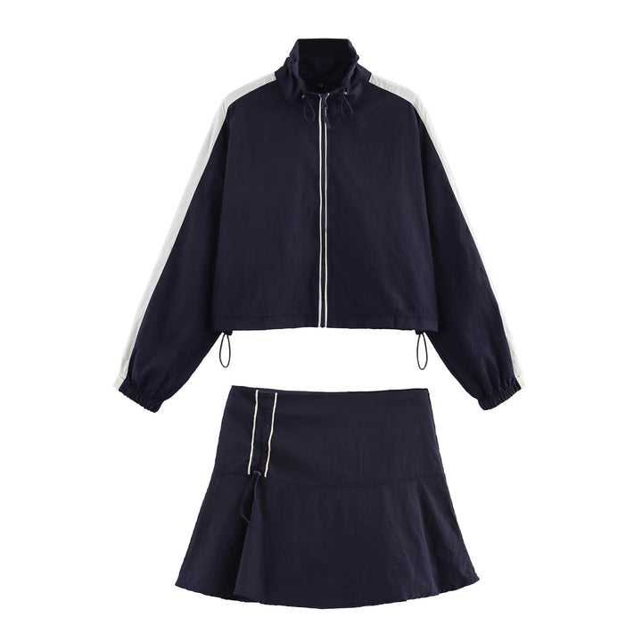 Damen Cropped Windbreaker-Jacke mit hohem Kragen, Tunnelzug und Kontraststreifen Echoarchiv