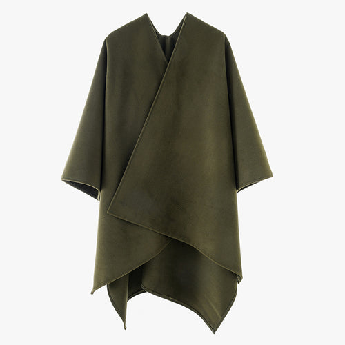 Damen Minimalistischer Wickel-Cape aus Wollmix mit V-Ausschnitt und asymmetrischem Saum – Montévia