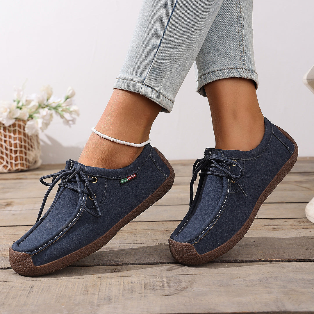 Damen lässige Mokassin-Slipper aus Veloursimitat mit dekorativer Ziernaht, elastischer Schnürung und flexibler Gummisohle – Lioré
