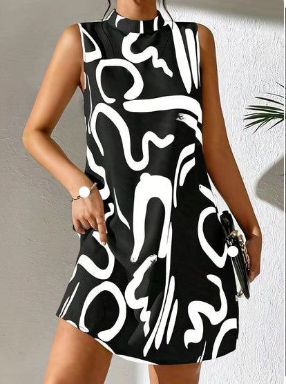 Damen A-linien Minikleid mit Echoarchivrnem grafischem Muster und Stehkragen Echoarchiv
