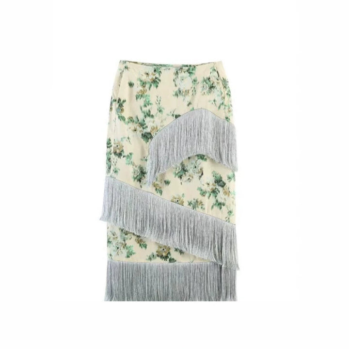 Damen Floral bedruckter Midirock mit diagonalem Fransenbesatz und schlanker Silhouette Echoarchiv