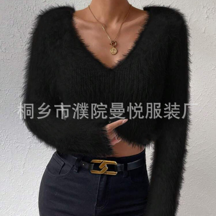 Damen Flauschiger Crop-Pullover mit V-Ausschnitt und Eyelash-Struktur – Mavelle