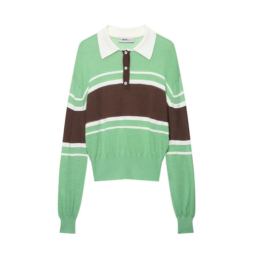 Damen Gestreifter Cropped Poloshirt-Pullover aus Feinstrick mit Rippbündchen Echo Archiv