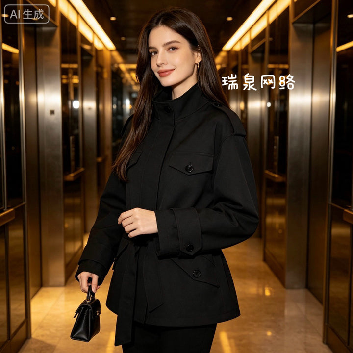 Damen Kurze Utility-Jacke mit Taillengürtel und Schulterklappen Echoarchiv