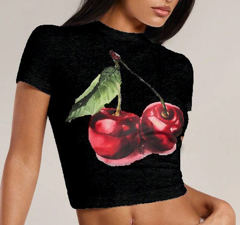 Damen Crop-T-Shirt mit fruchtigem Kirschmotiv und figurbetontem Schnitt Echo Archiv