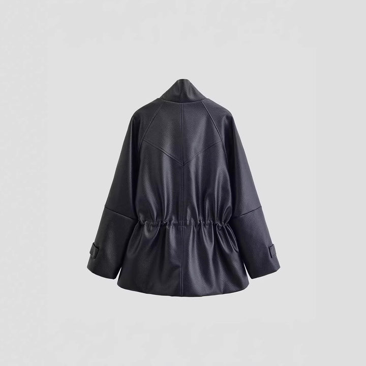 Damen Oversized Jacke in Lederoptik mit Stehkragen und Taillenkordel Echo Archiv
