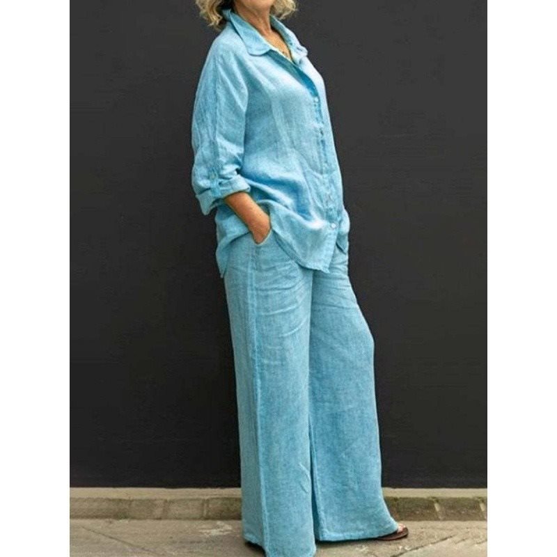Damen Leichtes Leinen-Loungewear-Set mit Oversized-Hemd und weiter Palazzo-Hose Echo Archiv
