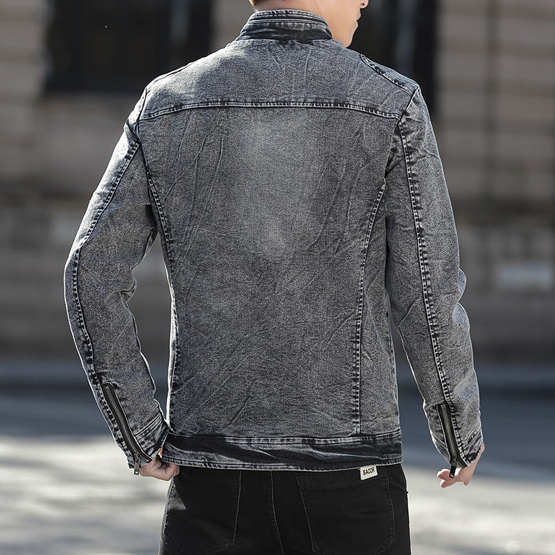 Herren Jeansjacke im Vintage-Washed Slim-Fit mit Stehkragen und Reißverschluss – Denvaro