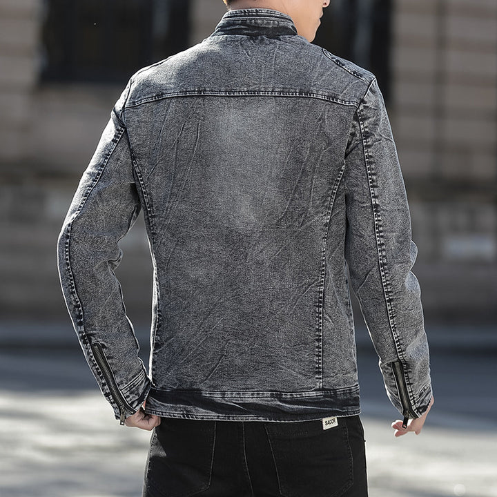 Herren Jeansjacke im Vintage-Washed Slim-Fit mit Stehkragen und Reißverschluss – Denvaro