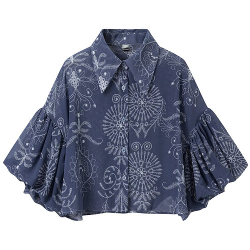 Damen Oversize-Buttonbluse mit Ballonärmeln und großem Hemdkragen Echoarchiv