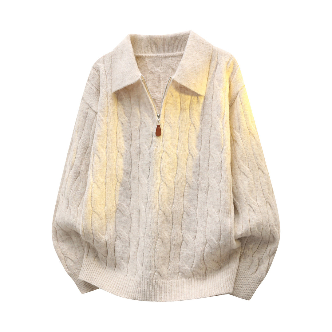 Unisex Oversize-Zopfmuster-Pullover mit Halbreißverschluss und Hemdkragen Echoarchiv