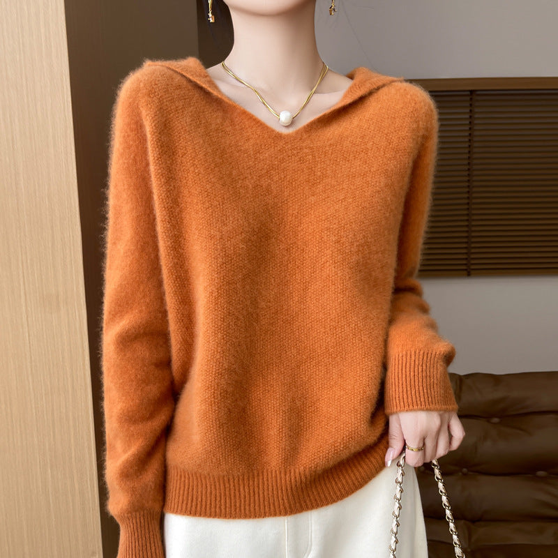 Damen Weicher Mohair‑Optik Kapuzenpullover mit V‑Ausschnitt und geripptem Saum Echoarchiv