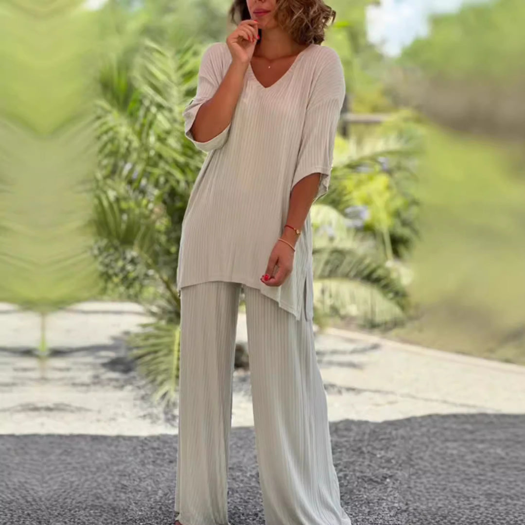 Damen nan zweiteiliges Reise- und Loungewear-Set aus weichem Rippjersey mit Longline-Tunika und Palazzohose Echo Archiv