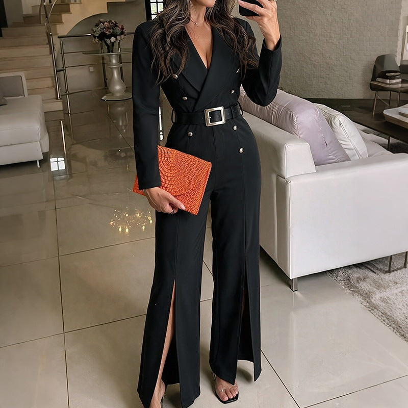 Damen Eleganter Jumpsuit mit tiefem V-Ausschnitt und schmalem Gürtel Echo Archiv