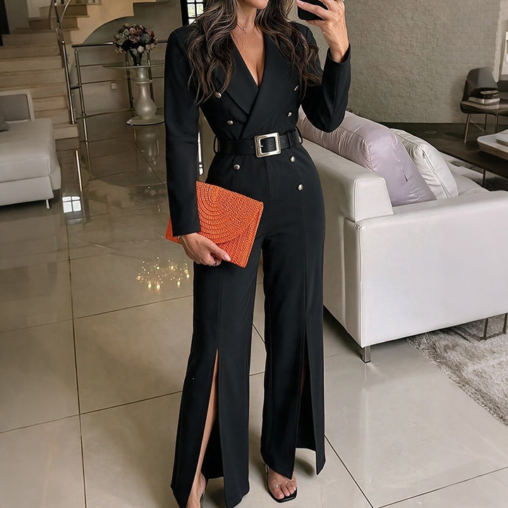 Damen Eleganter Jumpsuit mit tiefem V-Ausschnitt und schmalem Gürtel Echo Archiv