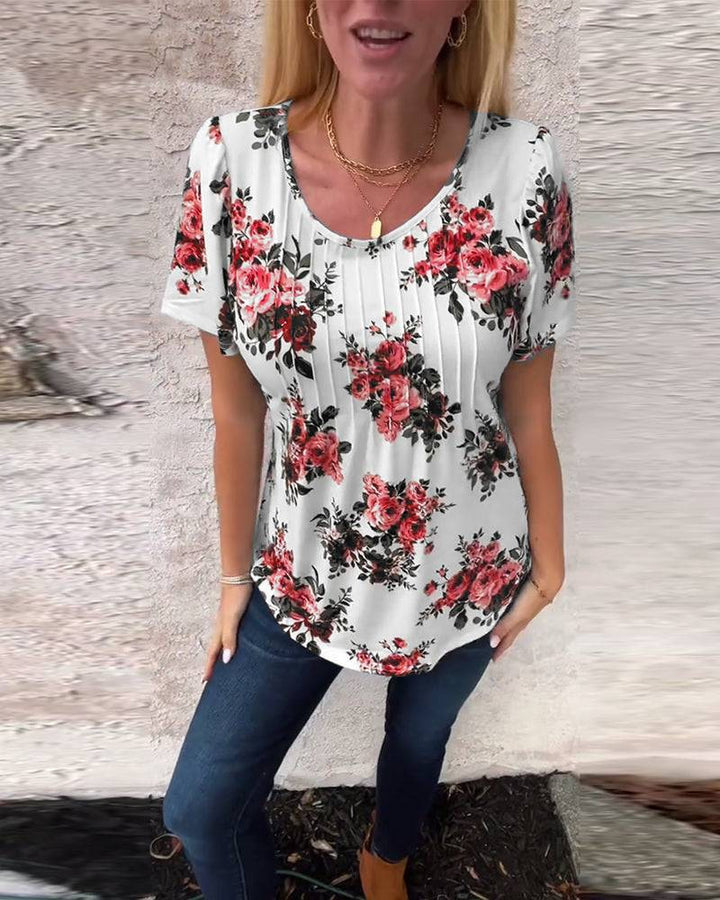 Damen nan locker geschnittenes Kurzarm-Blusenshirt mit Kellerfalten und floralem Druck Echo Archiv