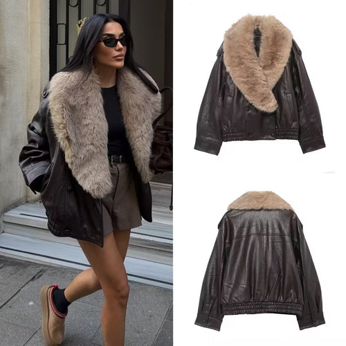 Damen Kurze Lederblousonjacke mit XXL-Fellkragen Echo Archiv