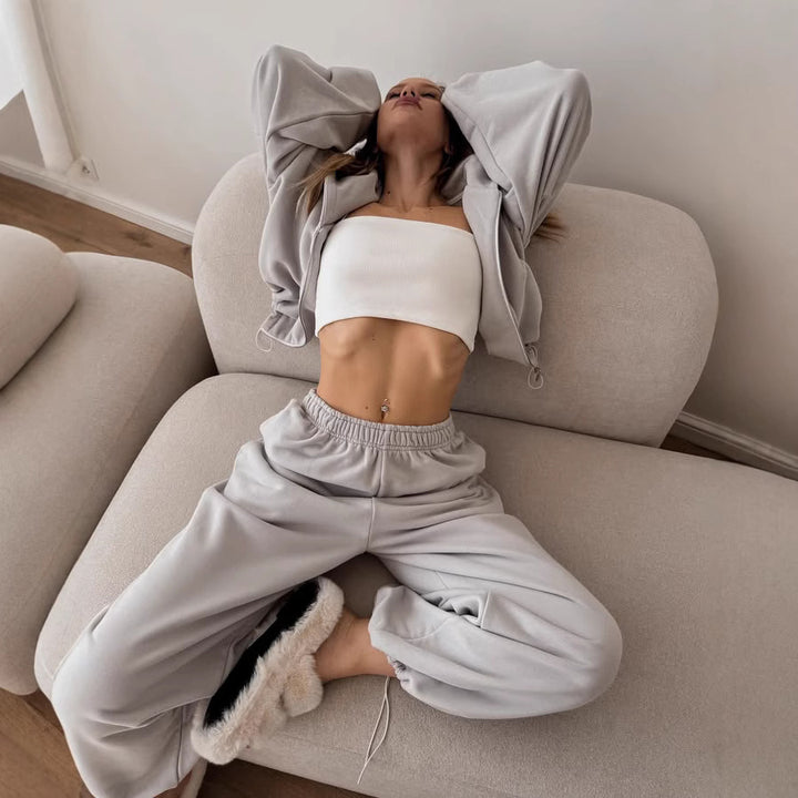 Damen oversized Kapuzenjacke mit Reißverschluss und weiten Jogginghose Lounge-Set – Auréline
