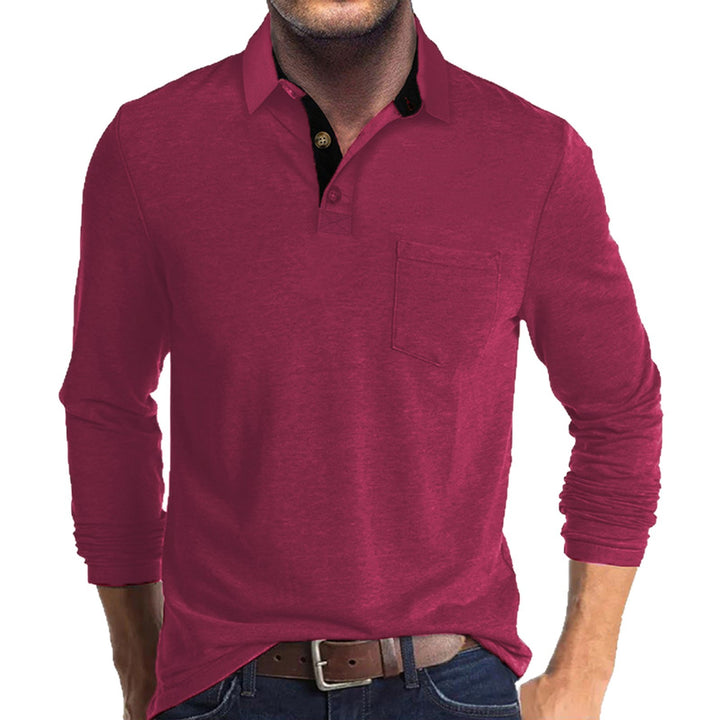 Herren langärmliges Polohemd mit Brusttasche, Kontrastknopfleiste und legerer Stretch-Passform – Cavello