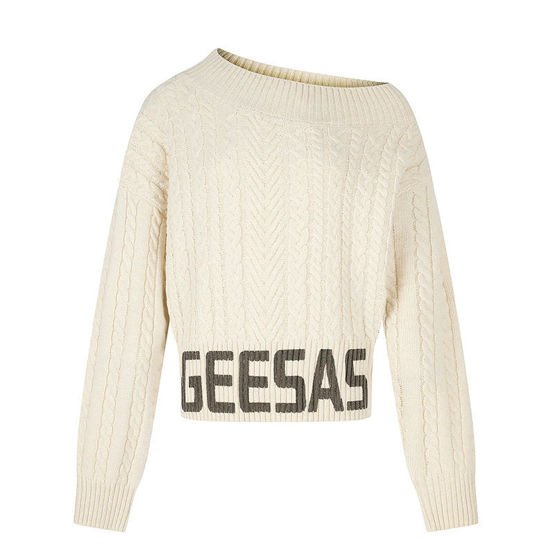 Damen Kurzer Zopfstrick-Pullover mit weitem Boat-Ausschnitt und markantem Logobund Echoarchiv