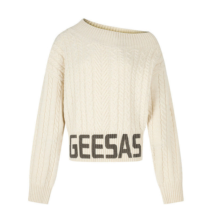 Damen Kurzer Zopfstrick-Pullover mit weitem Boat-Ausschnitt und markantem Logobund Echoarchiv