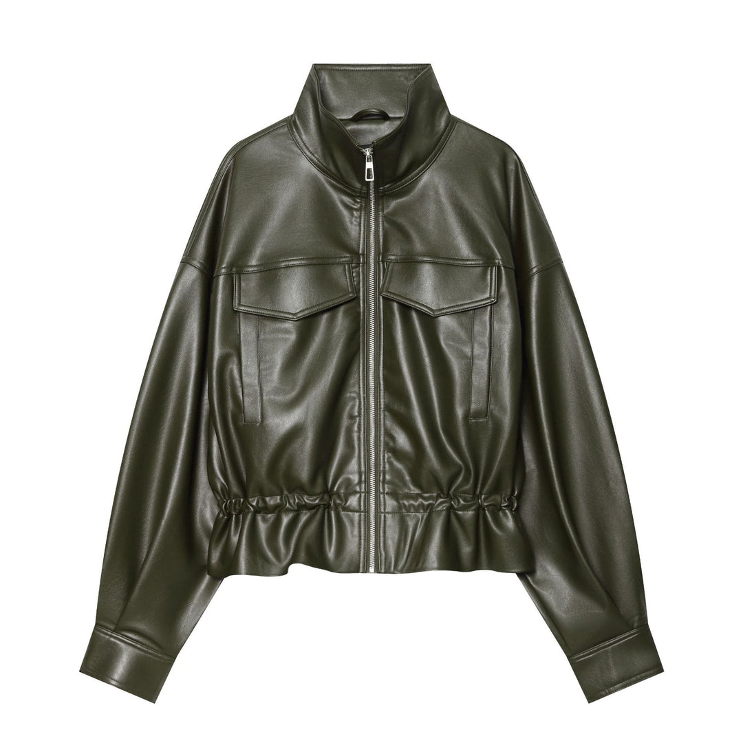 Damen Cropped Kunstleder-Blouson mit Tunnelzug, aufgesetzten Klappentaschen und hohem Stehkragen Echo Archiv