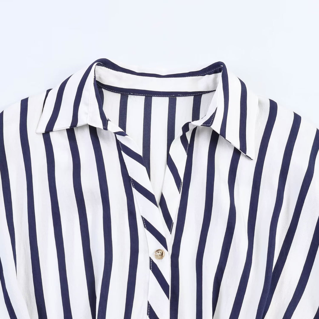 Damen Midi-Hemdblusenkleid mit diagonalen Streifen, tailliertem Bindegürtel und Ballonärmeln Echo Archiv