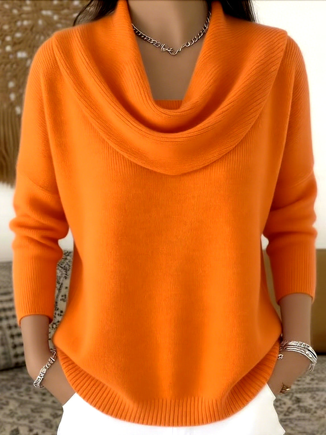 Damen nan schimmernder Strickpullover mit Wasserfallkragen, feiner Glitzerstruktur und schmalem Saum Echo Archiv