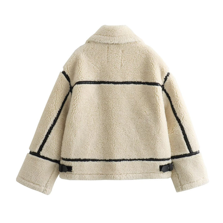 Damen Oversize-Teddyjacke im Aviator-Stil mit Kunstleder-Paspel, Stehkragen und Reißverschluss Echo Archiv