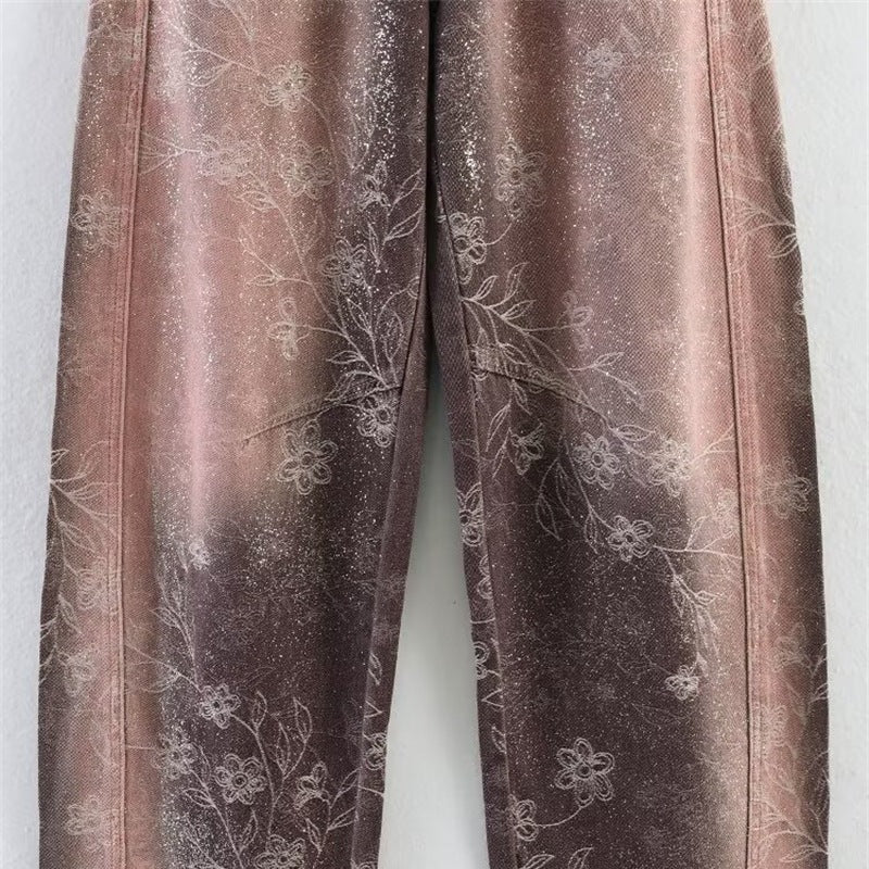 Damen High‑Waist-Jeanshose mit weitem Bein, floraler Vintage‑Print und Five‑Pocket-Schnitt Echo Archiv