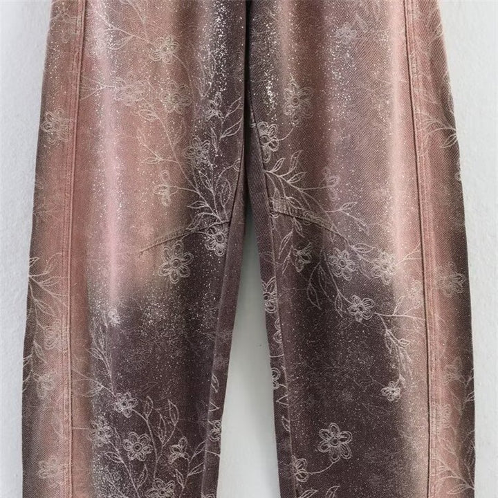 Damen High‑Waist-Jeanshose mit weitem Bein, floraler Vintage‑Print und Five‑Pocket-Schnitt Echo Archiv
