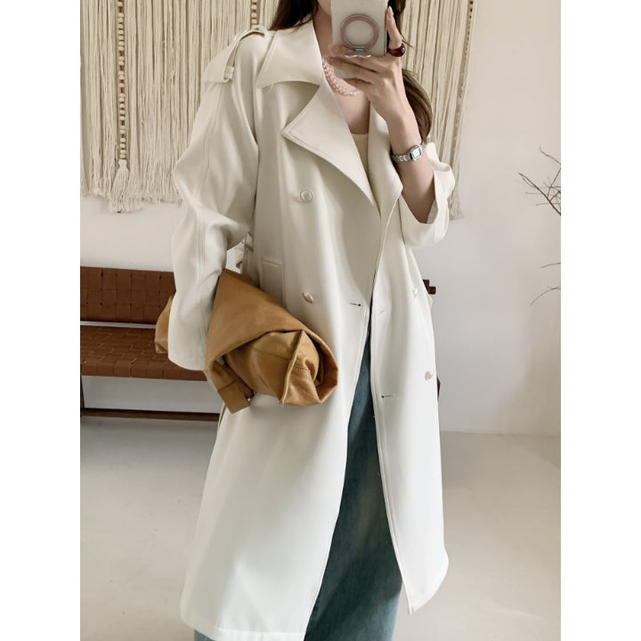 Damen Midilanger Trenchcoat mit Oversize-Schultern und Perlmuttknöpfen Echoarchiv