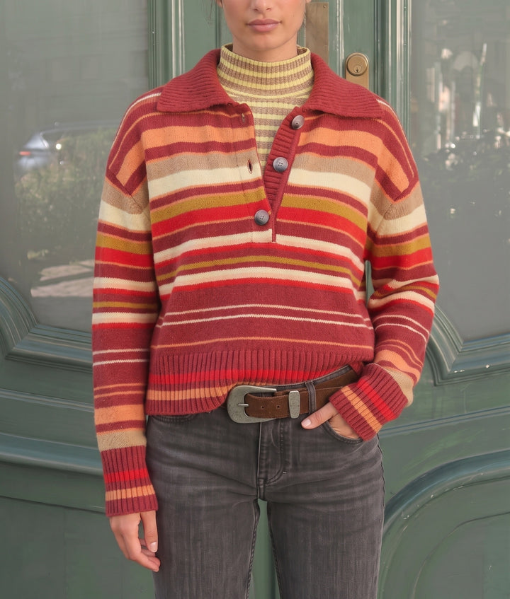 Damen Gestreifter Strickpullover mit Polokragen & Knopfleiste Echoarchiv