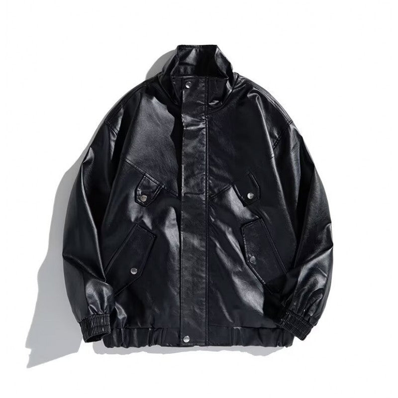 Herren Oversize Kunstleder-Bomberjacke mit Stehkragen, Pattentaschen und elastischem Saum Echo Archiv