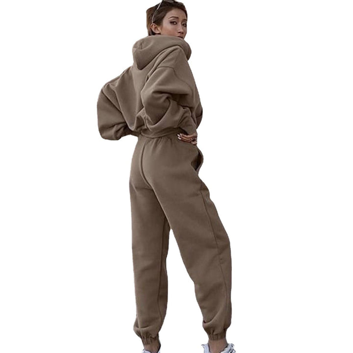 Damen kurzes Oversize-Kapuzenpullover-Set mit elastischer High-Waist-Jogginghose aus Baumwollfleece – Auréline