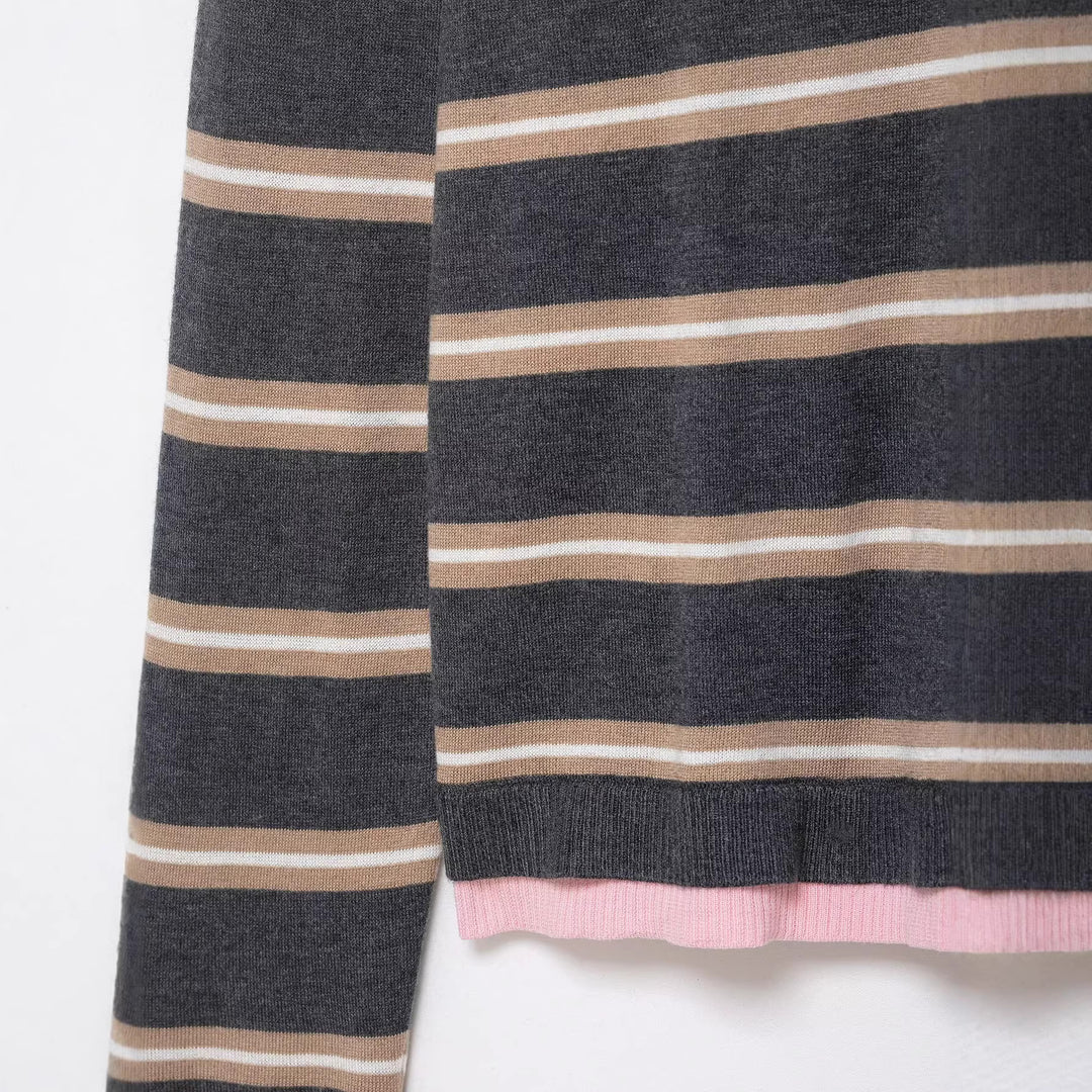 Damen Feinstrick-Rugby-Pullover mit kontrastierendem Kragen und Knopfleiste Echoarchiv