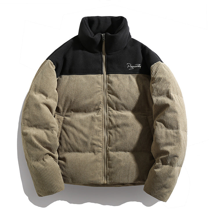 Unisex Kord-Steppjacke mit hoher Kragenlinie, gesteppter Wattierung und kontrastierender Schulterpasse Echo Archiv