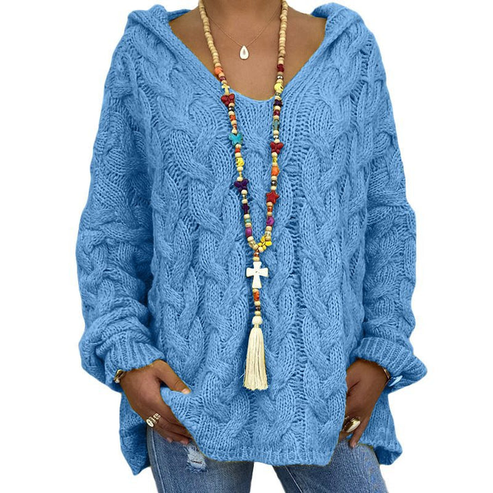 Damen Oversized Zopfmuster-Strickpullover mit Kapuze und lässigem V‑Ausschnitt Echo Archiv
