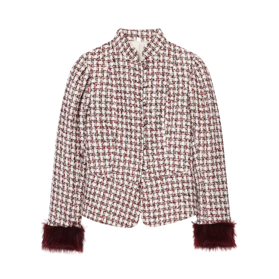 Damen Kurzjacke aus Bouclé-Tweed mit Stehkragen und Kunstfellbündchen Echo Archiv