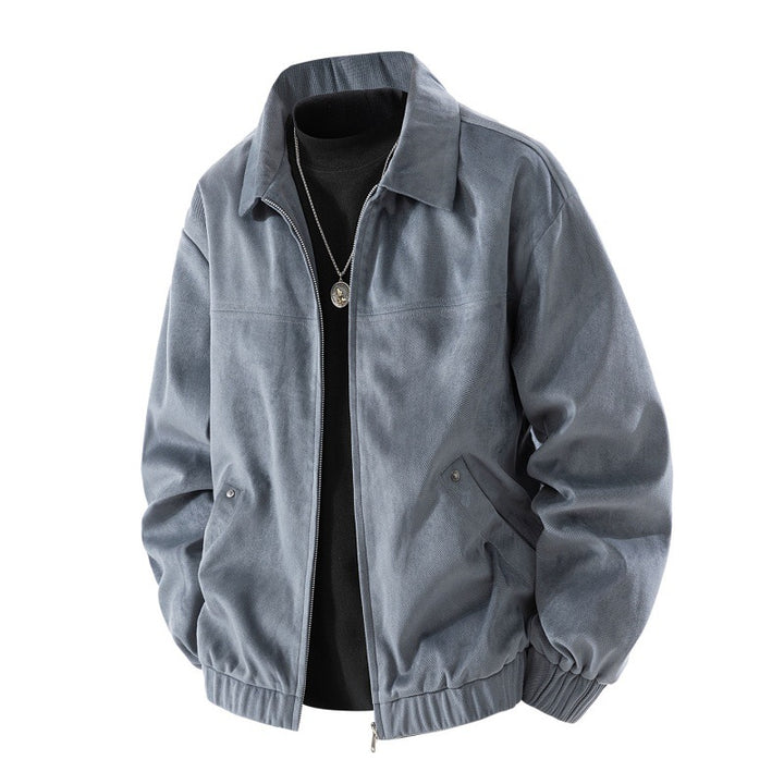 Leichte Harrington-Jacke für Herren im Wildleder-Look mit Hemdkragen, durchgehendem Reißverschluss und elastischem Saum – Taviero