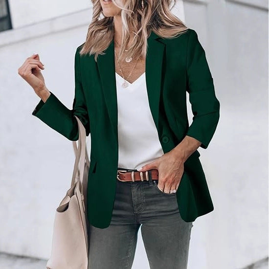 Damen Leichter Stretch-Blazer mit Schalkragen, Ein-Knopf-Verschluss und dreiviertelärmeln – Valéne