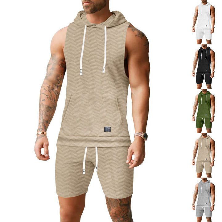 Herren nan ärmelloses Kapuzenweste-Set aus strukturiertem Baumwollmix mit Kängurutasche und Tunnelzug-Shorts Echo Archiv