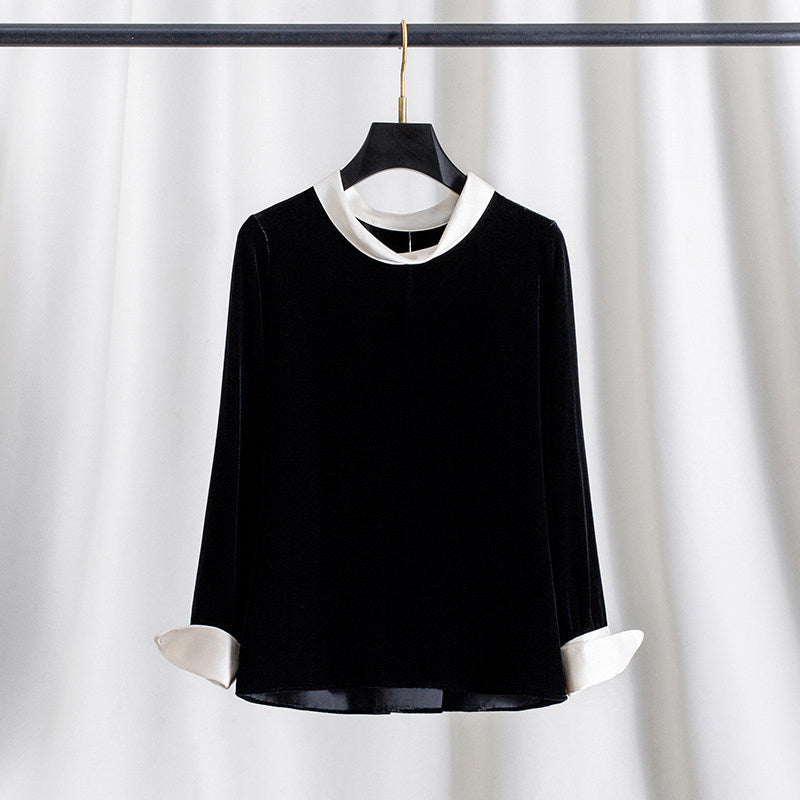 Damen Elegante Samtbluse mit Seidenkragen Echoarchiv