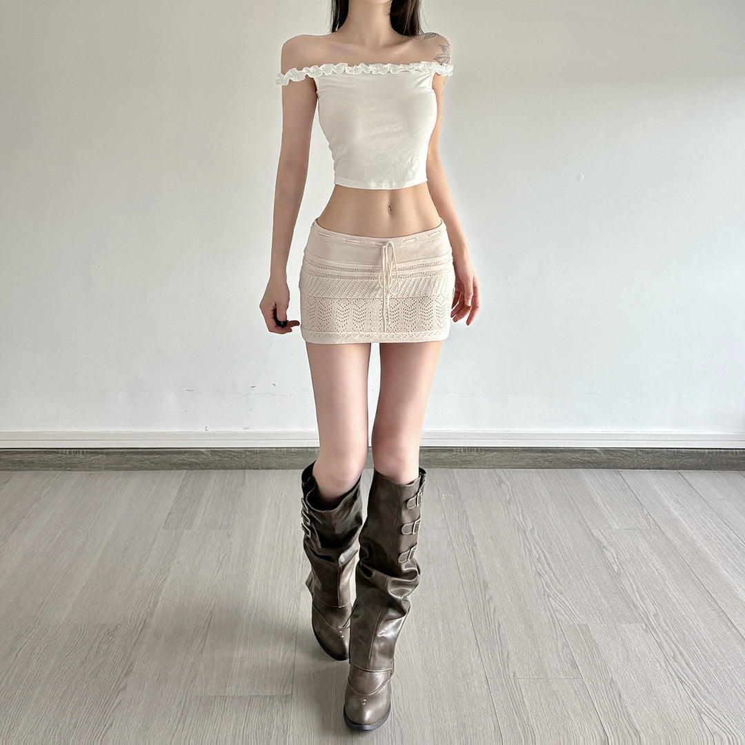 Damen Mini-Strickrock mit luftiger Häkelstruktur und verstellbarem Bund Echo Archiv