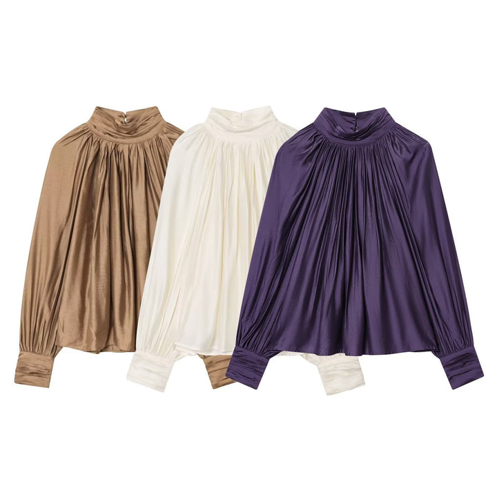 Damen Plissierte Satinbluse mit Stehkragen und Ballonärmeln Echoarchiv