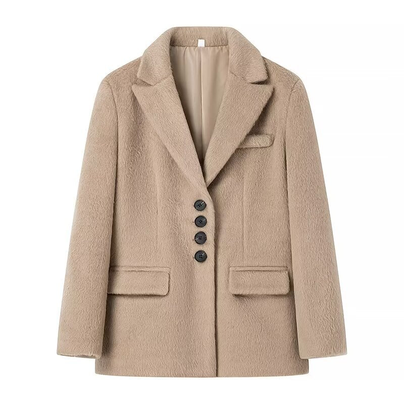 Damen taillierter Kurzmantel-Blazer in Teddyoptik mit Reverskragen und Pattentaschen – Montévia