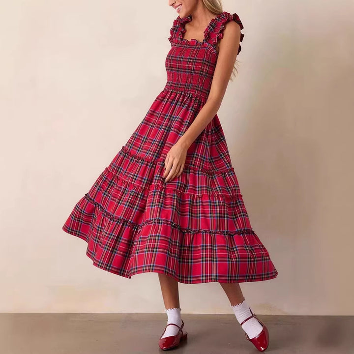 Damen Maxikleid mit voluminösen Rüschendetails und klassischen Karo-Muster Echo Archiv
