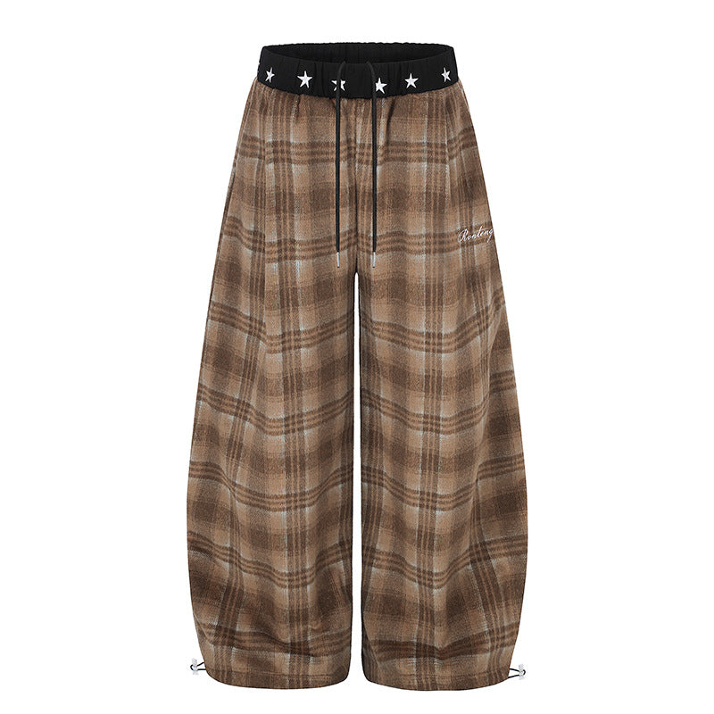 Damen Extraweite Karierte Palazzo-Loungehose aus weichem Fleece mit sternbesetztem Komfortbund, Tunnelzug und verstellbarem Saum Echoarchiv