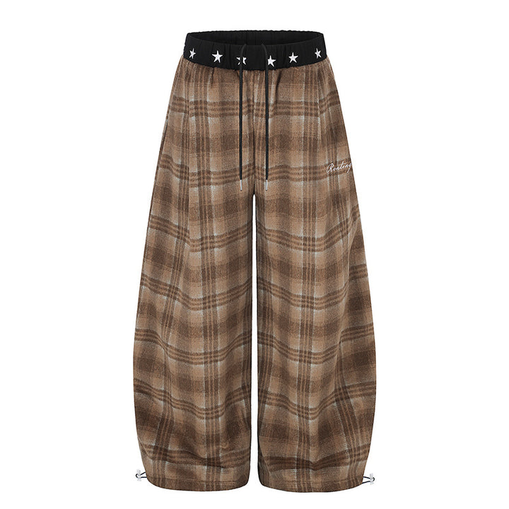 Damen Extraweite Karierte Palazzo-Loungehose aus weichem Fleece mit sternbesetztem Komfortbund, Tunnelzug und verstellbarem Saum Echoarchiv
